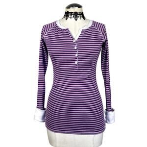 Vtg Y2K Purple Striped Cuffed Preppy Grunge Henley Sweater Academia Emo Sz S